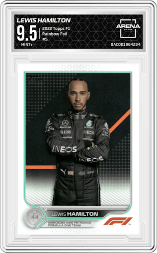 Lewis Hamilton from the 2022 Topps F1 set featuring a Rainbow Foil parallel graded by Arena Club and given an overall grade of 9.5.