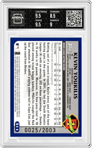 Kevin Youkilis from the 2003 Topps set featuring a Gold parallel graded by Arena Club and given an overall grade of 9.