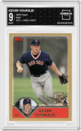 Kevin Youkilis from the 2003 Topps set featuring a Gold parallel graded by Arena Club and given an overall grade of 9.