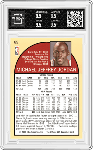 Michael Jordan from the 1990-91 NBA Hoops set graded by Arena Club and given an overall grade of 9.