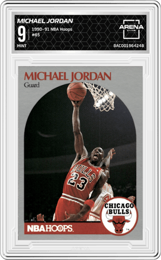Michael Jordan from the 1990-91 NBA Hoops set graded by Arena Club and given an overall grade of 9.