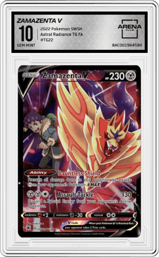 Zamazenta V from the 2022 Pokemon SWSH set graded by Arena Club and given an overall grade of 10.