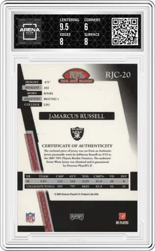JaMarcus Russell from the 2007 Playoff Absolute Memorabilia set graded by Arena Club and given an overall grade of 6.5.