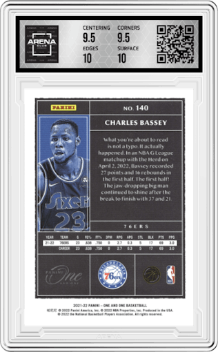 Charles Bassey from the 2021-22 Panini One and One set graded by Arena Club and given an overall grade of 10.