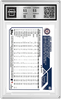 Joey Meneses from the 2023 Topps Chrome set featuring a Purple Sonar Refractor parallel graded by Arena Club and given an overall grade of 10.