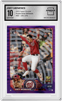 Joey Meneses from the 2023 Topps Chrome set featuring a Purple Sonar Refractor parallel graded by Arena Club and given an overall grade of 10.
