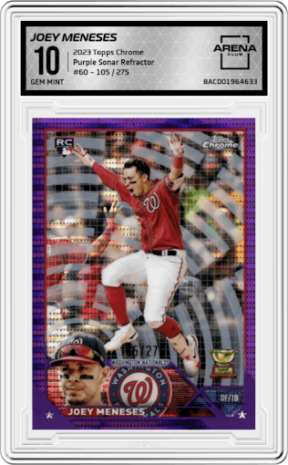 Joey Meneses from the 2023 Topps Chrome set featuring a Purple Sonar Refractor parallel graded by Arena Club and given an overall grade of 10.