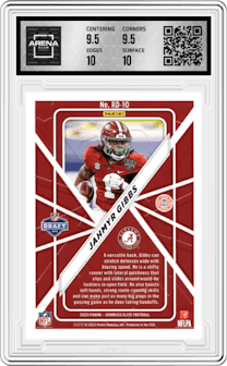 Jahmyr Gibbs from the 2023 Donruss Elite set graded by Arena Club and given an overall grade of 10.