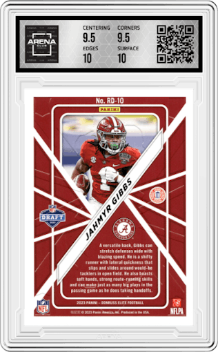 Jahmyr Gibbs from the 2023 Donruss Elite set graded by Arena Club and given an overall grade of 10.