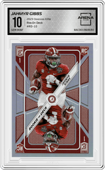 Jahmyr Gibbs from the 2023 Donruss Elite set graded by Arena Club and given an overall grade of 10.