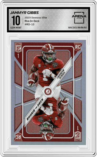 Jahmyr Gibbs from the 2023 Donruss Elite set graded by Arena Club and given an overall grade of 10.