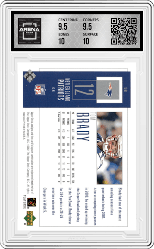 Tom Brady from the 2002 Upper Deck Piece of History set graded by Arena Club and given an overall grade of 10.