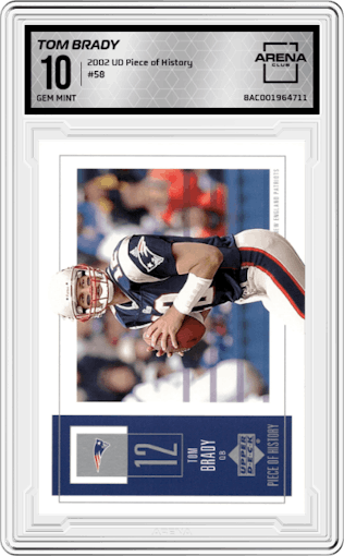 Tom Brady from the 2002 Upper Deck Piece of History set graded by Arena Club and given an overall grade of 10.