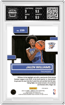 Jalen Williams from the 2022-23 Panini Donruss Optic  set featuring a Holo parallel graded by Arena Club and given an overall grade of 8.5.