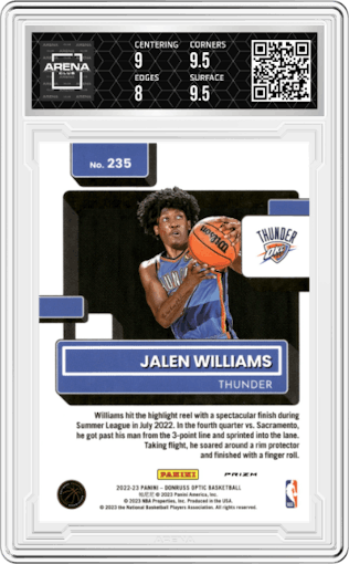 Jalen Williams from the 2022-23 Panini Donruss Optic  set featuring a Holo parallel graded by Arena Club and given an overall grade of 8.5.