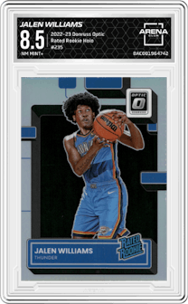 Jalen Williams from the 2022-23 Panini Donruss Optic  set featuring a Holo parallel graded by Arena Club and given an overall grade of 8.5.