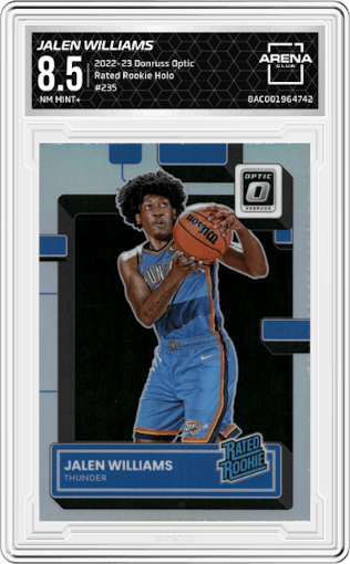 Jalen Williams from the 2022-23 Panini Donruss Optic  set featuring a Holo parallel graded by Arena Club and given an overall grade of 8.5.