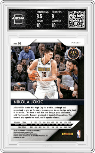 Nikola Jokic from the 2018-19 Panini Prizm set featuring a Silver Prizm parallel graded by Arena Club and given an overall grade of 9.