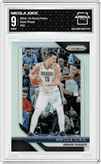 Nikola Jokic from the 2018-19 Panini Prizm set featuring a Silver Prizm parallel graded by Arena Club and given an overall grade of 9.