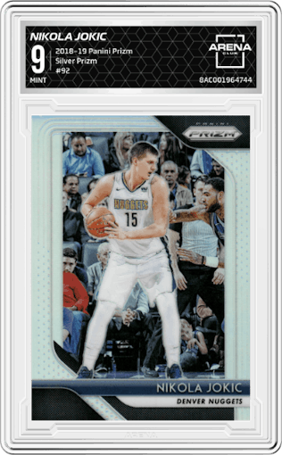 Nikola Jokic from the 2018-19 Panini Prizm set featuring a Silver Prizm parallel graded by Arena Club and given an overall grade of 9.