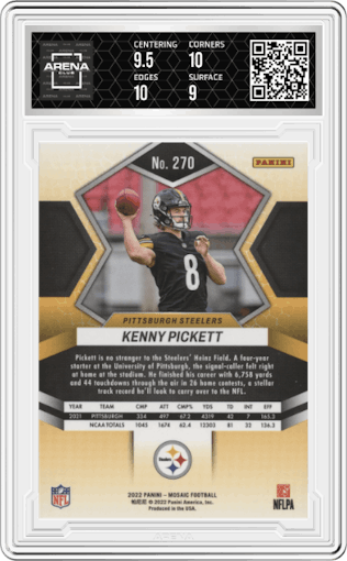 Kenny Pickett from the 2022 Panini Mosaic set graded by Arena Club and given an overall grade of 9.5.