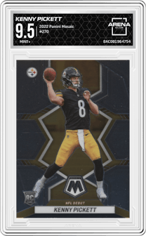 Kenny Pickett from the 2022 Panini Mosaic set graded by Arena Club and given an overall grade of 9.5.