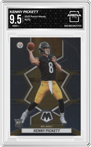 Kenny Pickett from the 2022 Panini Mosaic set graded by Arena Club and given an overall grade of 9.5.
