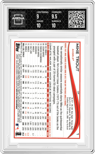 Mike Trout from the 2014 Topps Chrome set featuring a Purple Refractor parallel graded by Arena Club and given an overall grade of 9.5.