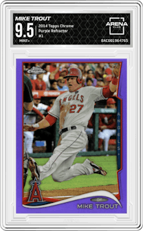 Mike Trout from the 2014 Topps Chrome set featuring a Purple Refractor parallel graded by Arena Club and given an overall grade of 9.5.