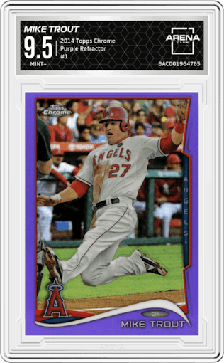 Mike Trout from the 2014 Topps Chrome set featuring a Purple Refractor parallel graded by Arena Club and given an overall grade of 9.5.