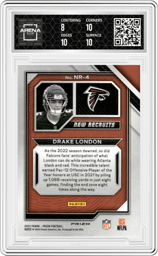 Drake London from the 2022 Panini Prizm set featuring a Silver Prizm parallel graded by Arena Club and given an overall grade of 8.5.