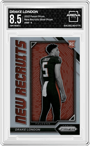 Drake London from the 2022 Panini Prizm set featuring a Silver Prizm parallel graded by Arena Club and given an overall grade of 8.5.