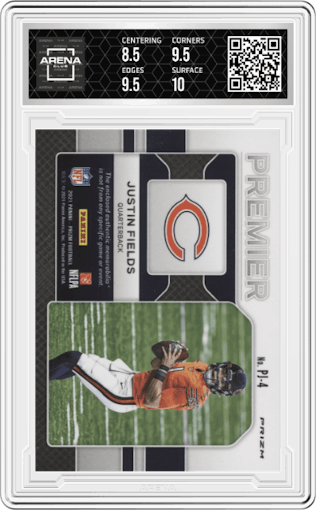 Justin Fields from the 2021 Panini Prizm set graded by Arena Club and given an overall grade of 9.