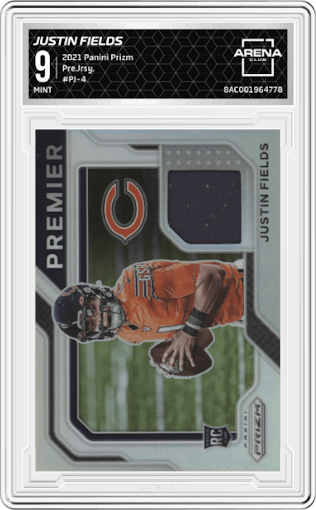 Justin Fields from the 2021 Panini Prizm set graded by Arena Club and given an overall grade of 9.