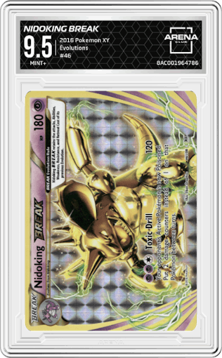 Nidoking BREAK from the 2016 Pokemon XY set graded by Arena Club and given an overall grade of 9.5.