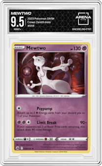 Mewtwo from the 2023 Pokemon SWSH set graded by Arena Club and given an overall grade of 9.5.