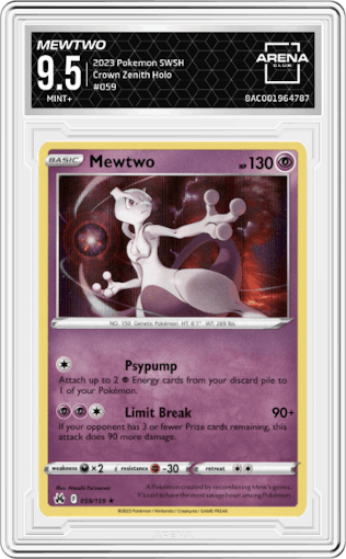 Mewtwo from the 2023 Pokemon SWSH set graded by Arena Club and given an overall grade of 9.5.