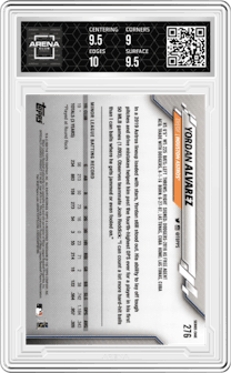 Yordan Alvarez from the 2020 Topps Series 1 set graded by Arena Club and given an overall grade of 9.5.