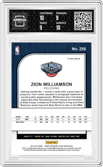 Zion Williamson from the 2019-20 Panini Hoops Premium Stock set featuring a Silver Laser parallel graded by Arena Club and given an overall grade of 9.5.