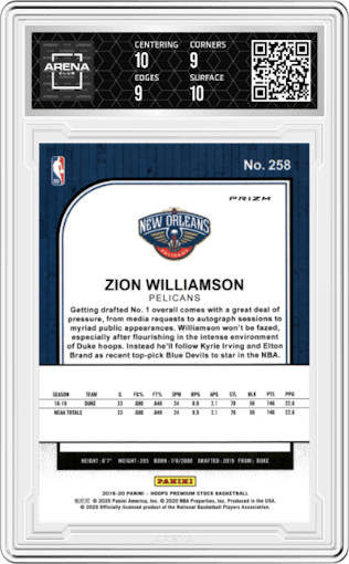 Zion Williamson from the 2019-20 Panini Hoops Premium Stock set featuring a Silver Laser parallel graded by Arena Club and given an overall grade of 9.5.