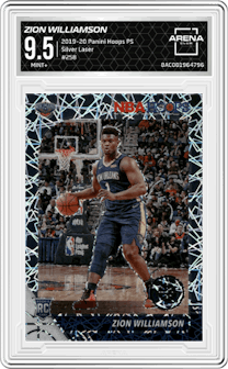 Zion Williamson from the 2019-20 Panini Hoops Premium Stock set featuring a Silver Laser parallel graded by Arena Club and given an overall grade of 9.5.