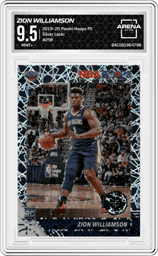 Zion Williamson from the 2019-20 Panini Hoops Premium Stock set featuring a Silver Laser parallel graded by Arena Club and given an overall grade of 9.5.