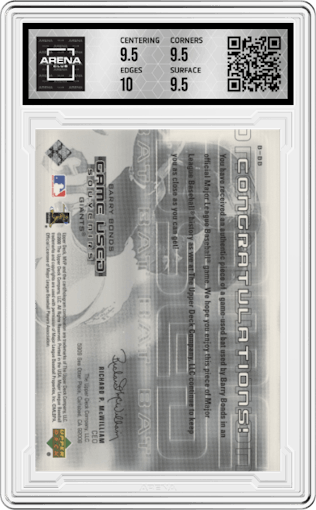 Barry Bonds from the 2000 Upper Deck MVP set graded by Arena Club and given an overall grade of 10.