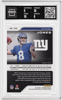 Daniel Jones from the 2019 Panini Obsidian set graded by Arena Club and given an overall grade of 9.5.