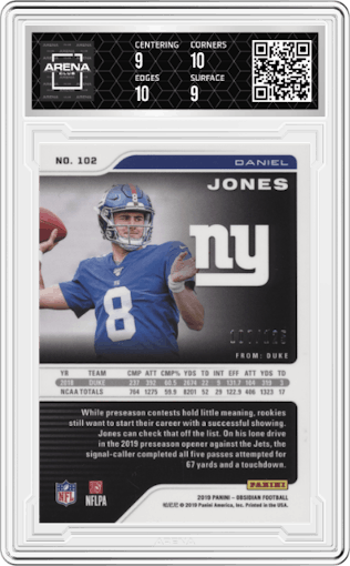 Daniel Jones from the 2019 Panini Obsidian set graded by Arena Club and given an overall grade of 9.5.