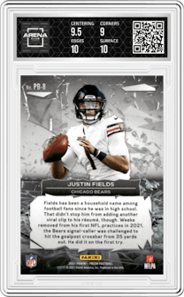 Justin Fields from the 2021 Panini Prizm set graded by Arena Club and given an overall grade of 9.5.