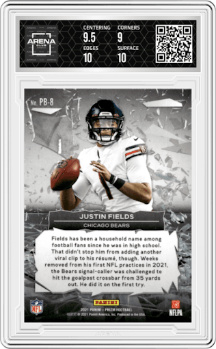Justin Fields from the 2021 Panini Prizm set graded by Arena Club and given an overall grade of 9.5.