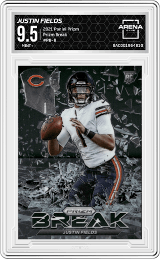 Justin Fields from the 2021 Panini Prizm set graded by Arena Club and given an overall grade of 9.5.
