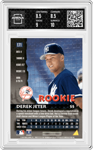 Derek Jeter from the 1996 Pinnacle set graded by Arena Club and given an overall grade of 9.