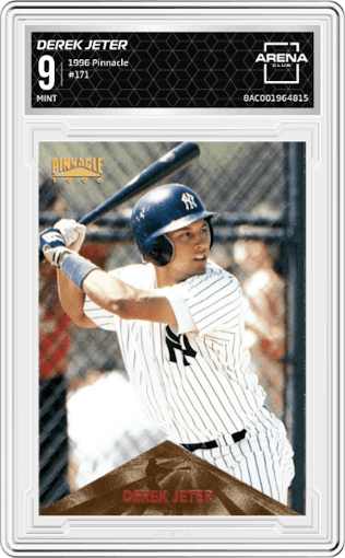 Derek Jeter from the 1996 Pinnacle set graded by Arena Club and given an overall grade of 9.
